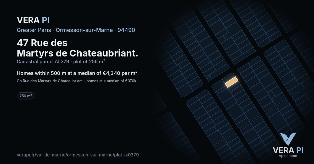 47 Rue des Martyrs de Chateaubriant, Ormesson-sur-Marne at night – the plot lit, the parcels around coloured by the prices near them