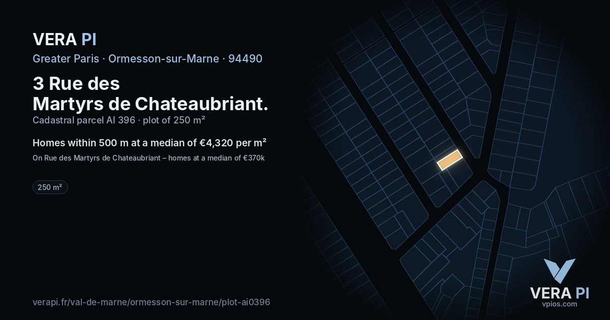 3 Rue des Martyrs de Chateaubriant, Ormesson-sur-Marne at night – the plot lit, the parcels around coloured by the prices near them