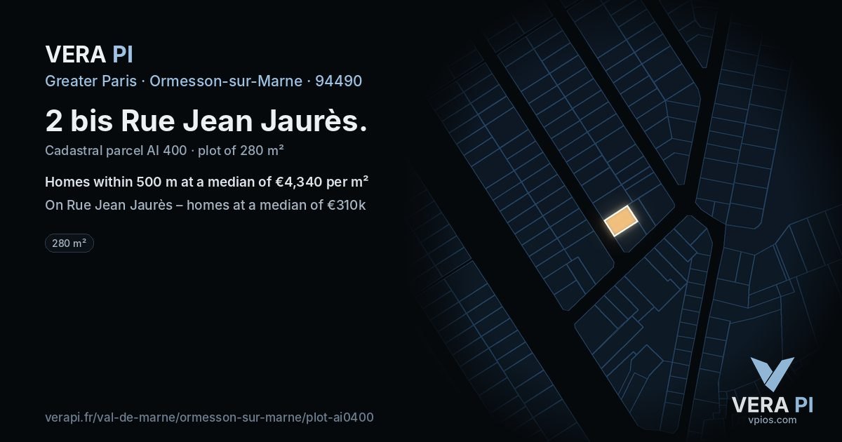 2 bis Rue Jean Jaurès, Ormesson-sur-Marne at night – the plot lit, the parcels around coloured by the prices near them