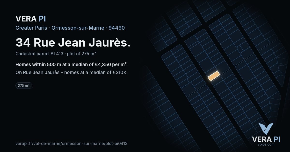 34 Rue Jean Jaurès, Ormesson-sur-Marne at night – the plot lit, the parcels around coloured by the prices near them