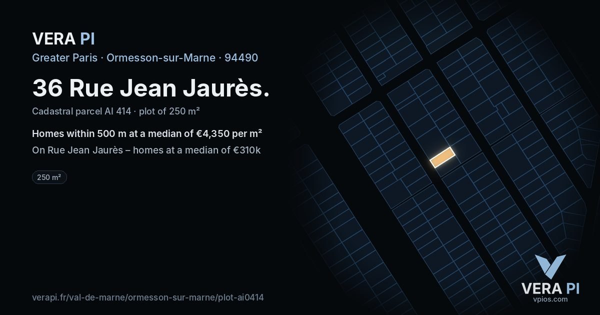 36 Rue Jean Jaurès, Ormesson-sur-Marne at night – the plot lit, the parcels around coloured by the prices near them