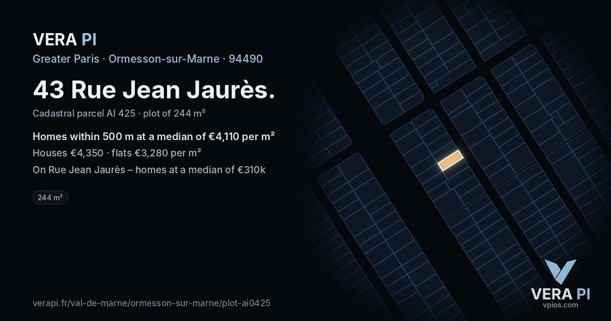 43 Rue Jean Jaurès, Ormesson-sur-Marne at night – the plot lit, the parcels around coloured by the prices near them