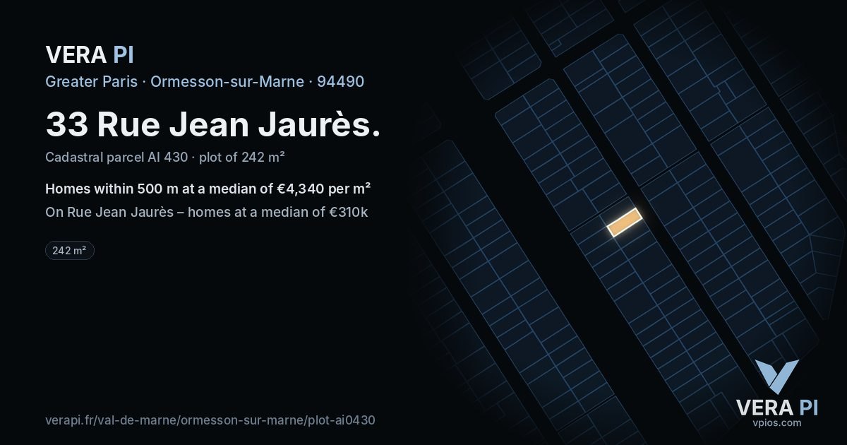 33 Rue Jean Jaurès, Ormesson-sur-Marne at night – the plot lit, the parcels around coloured by the prices near them