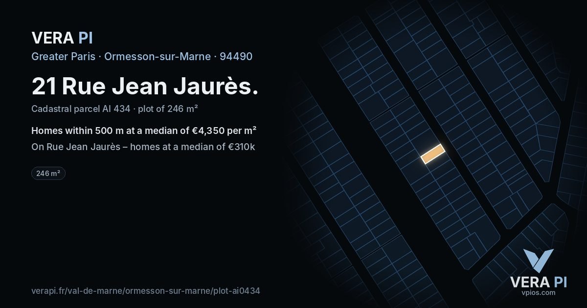 21 Rue Jean Jaurès, Ormesson-sur-Marne at night – the plot lit, the parcels around coloured by the prices near them