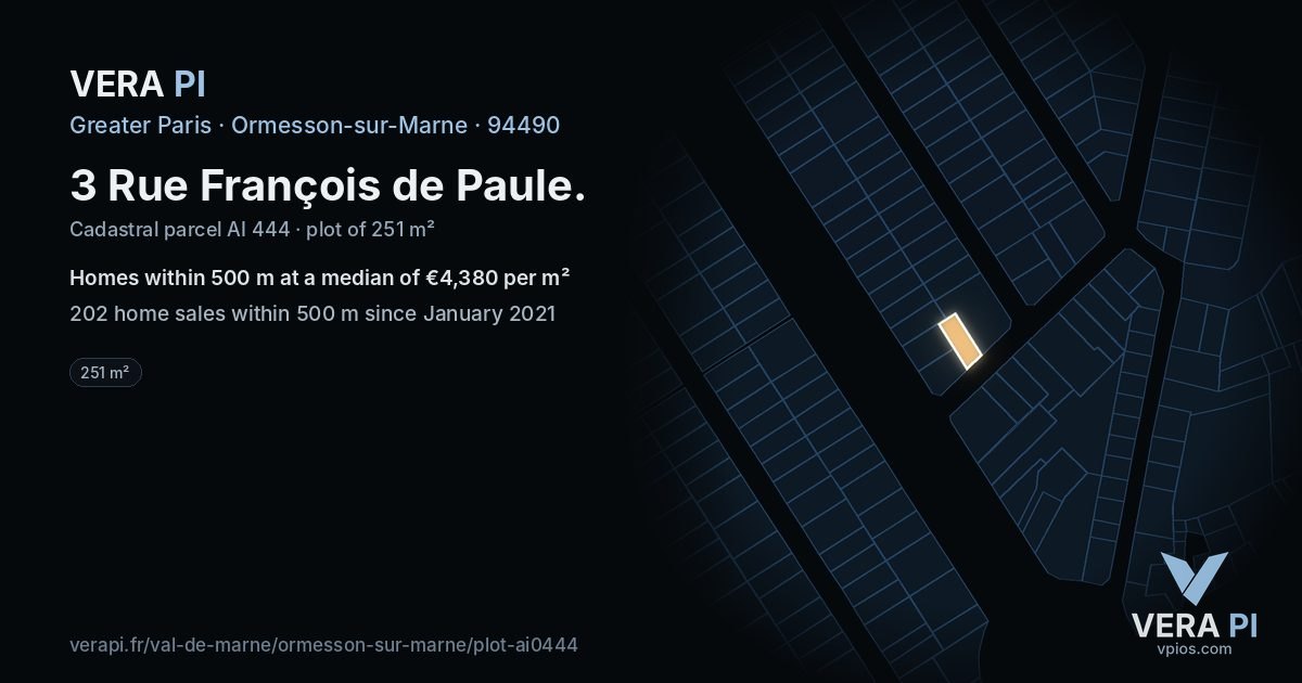 3 Rue François de Paule, Ormesson-sur-Marne at night – the plot lit, the parcels around coloured by the prices near them