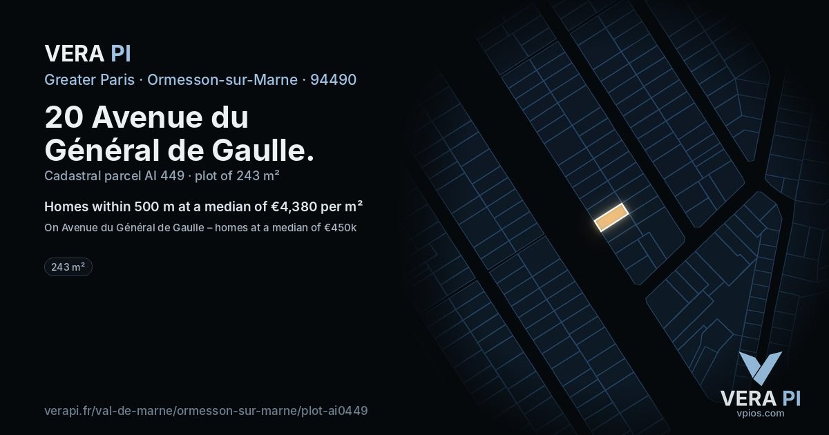 20 Avenue du Général de Gaulle, Ormesson-sur-Marne at night – the plot lit, the parcels around coloured by the prices near them