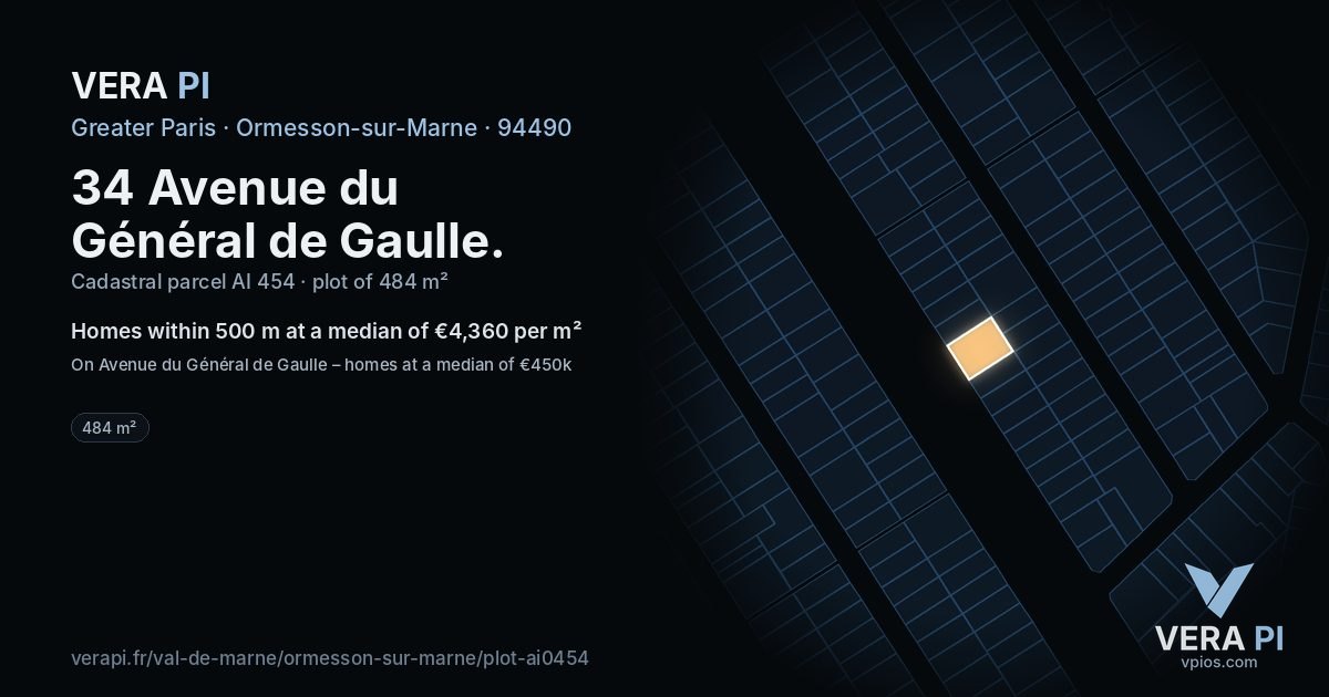 34 Avenue du Général de Gaulle, Ormesson-sur-Marne at night – the plot lit, the parcels around coloured by the prices near them