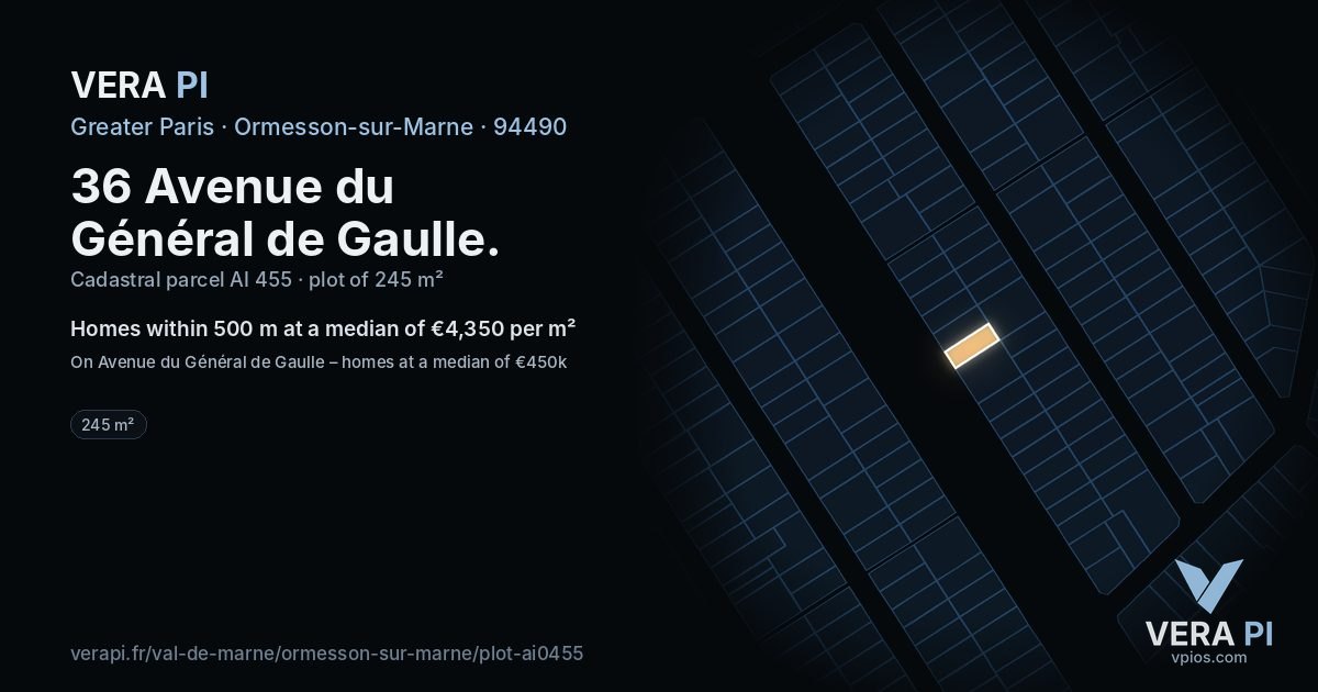36 Avenue du Général de Gaulle, Ormesson-sur-Marne at night – the plot lit, the parcels around coloured by the prices near them