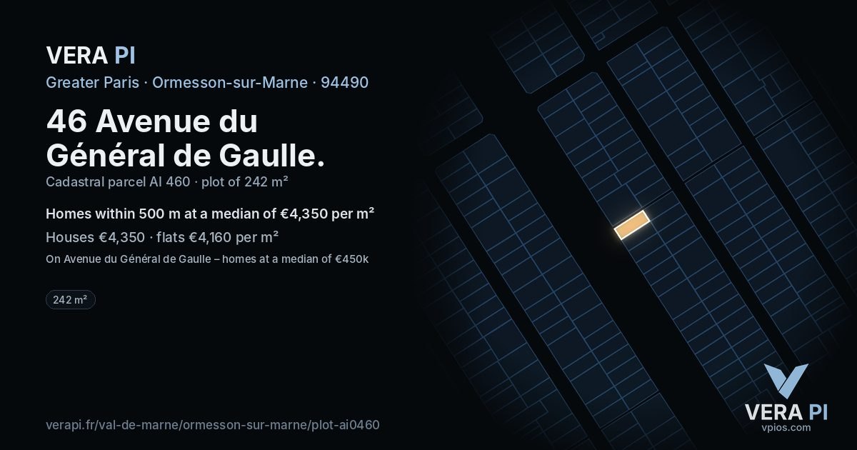 46 Avenue du Général de Gaulle, Ormesson-sur-Marne at night – the plot lit, the parcels around coloured by the prices near them