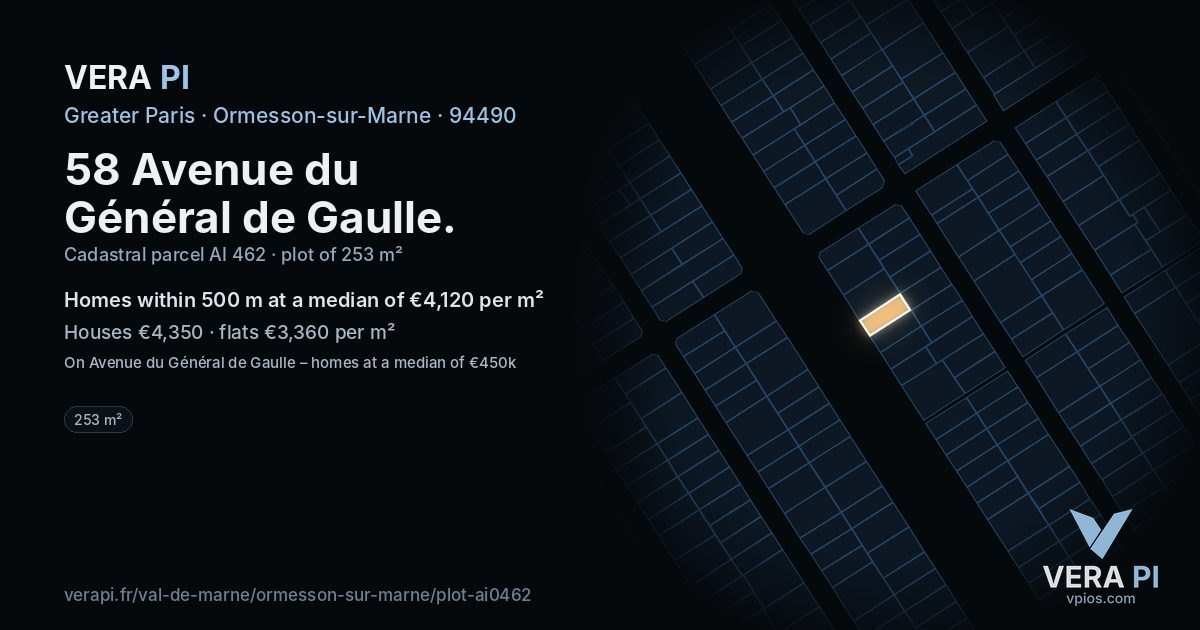 58 Avenue du Général de Gaulle, Ormesson-sur-Marne at night – the plot lit, the parcels around coloured by the prices near them