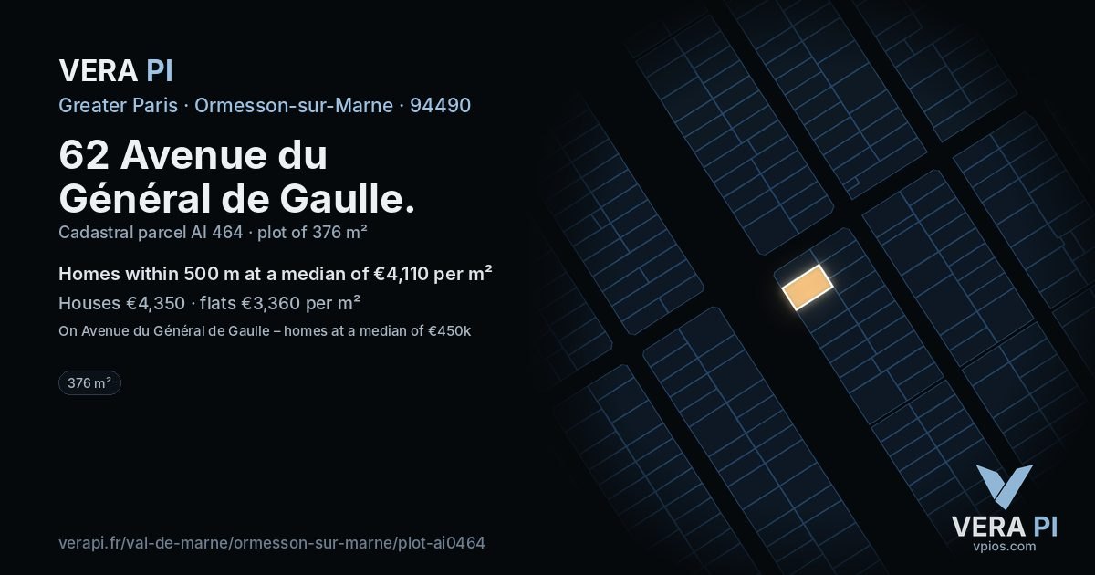 62 Avenue du Général de Gaulle, Ormesson-sur-Marne at night – the plot lit, the parcels around coloured by the prices near them
