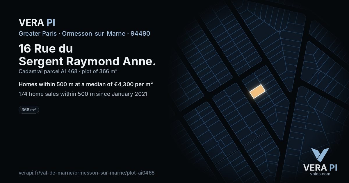 16 Rue du Sergent Raymond Anne, Ormesson-sur-Marne at night – the plot lit, the parcels around coloured by the prices near them