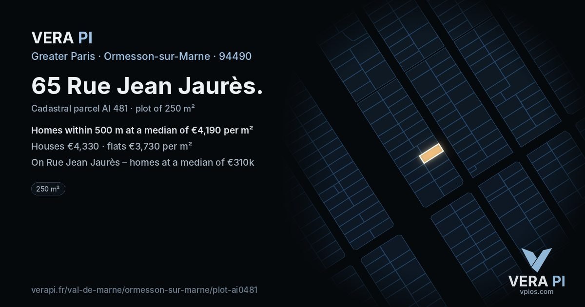 65 Rue Jean Jaurès, Ormesson-sur-Marne at night – the plot lit, the parcels around coloured by the prices near them