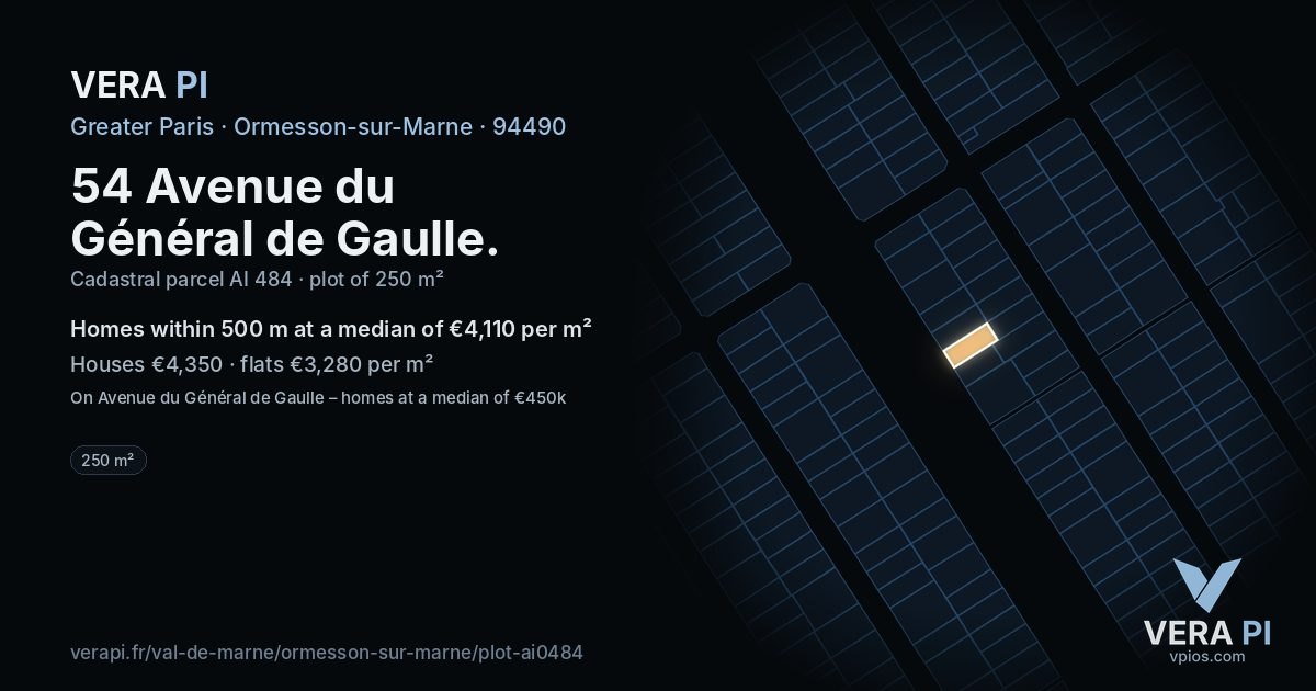54 Avenue du Général de Gaulle, Ormesson-sur-Marne at night – the plot lit, the parcels around coloured by the prices near them