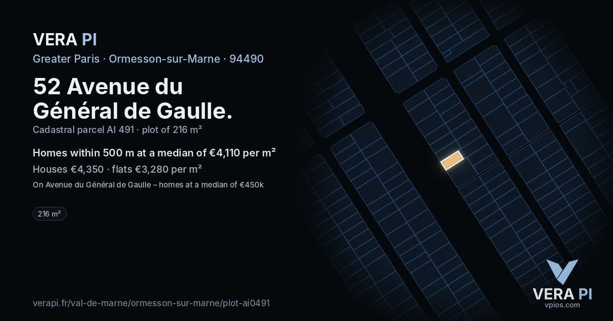 52 Avenue du Général de Gaulle, Ormesson-sur-Marne at night – the plot lit, the parcels around coloured by the prices near them