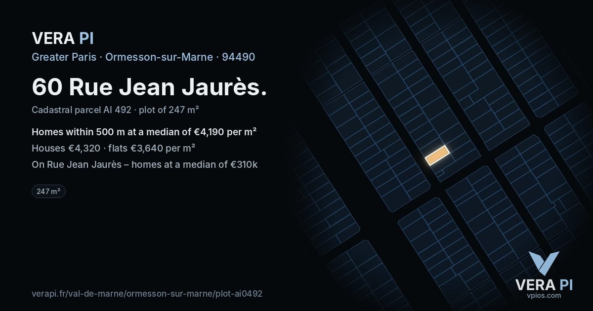 60 Rue Jean Jaurès, Ormesson-sur-Marne at night – the plot lit, the parcels around coloured by the prices near them