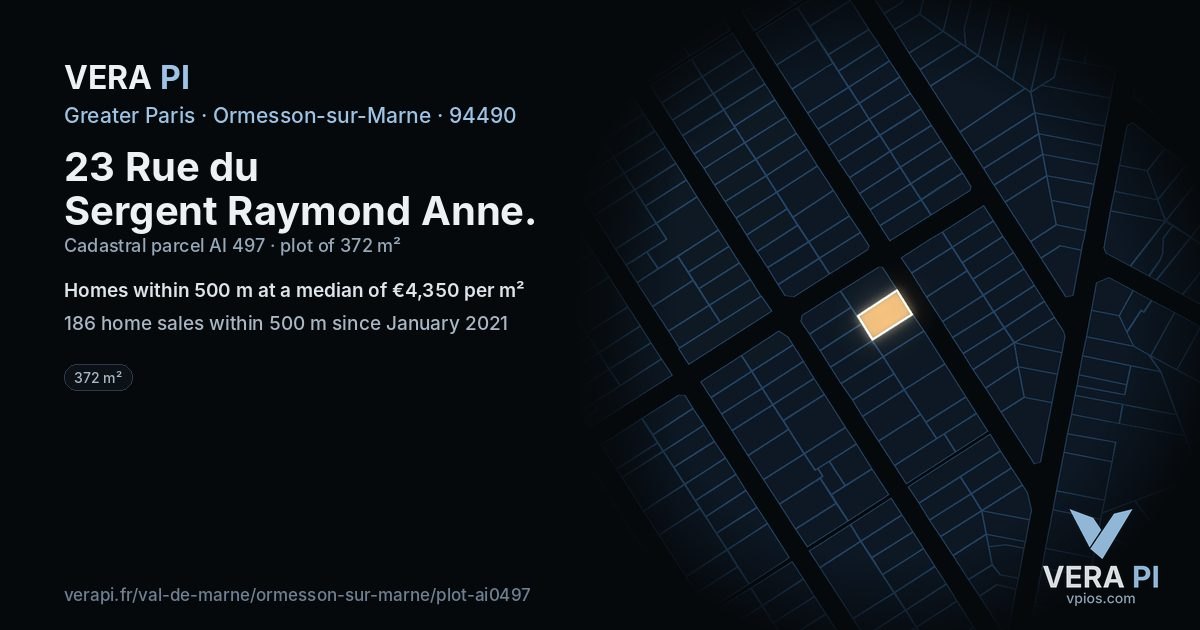 23 Rue du Sergent Raymond Anne, Ormesson-sur-Marne at night – the plot lit, the parcels around coloured by the prices near them