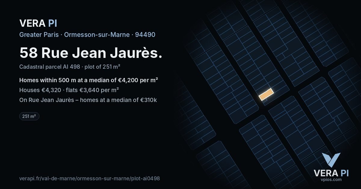 58 Rue Jean Jaurès, Ormesson-sur-Marne at night – the plot lit, the parcels around coloured by the prices near them