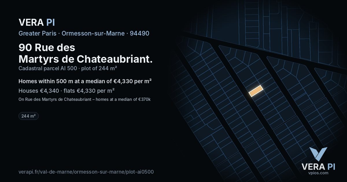 90 Rue des Martyrs de Chateaubriant, Ormesson-sur-Marne at night – the plot lit, the parcels around coloured by the prices near them