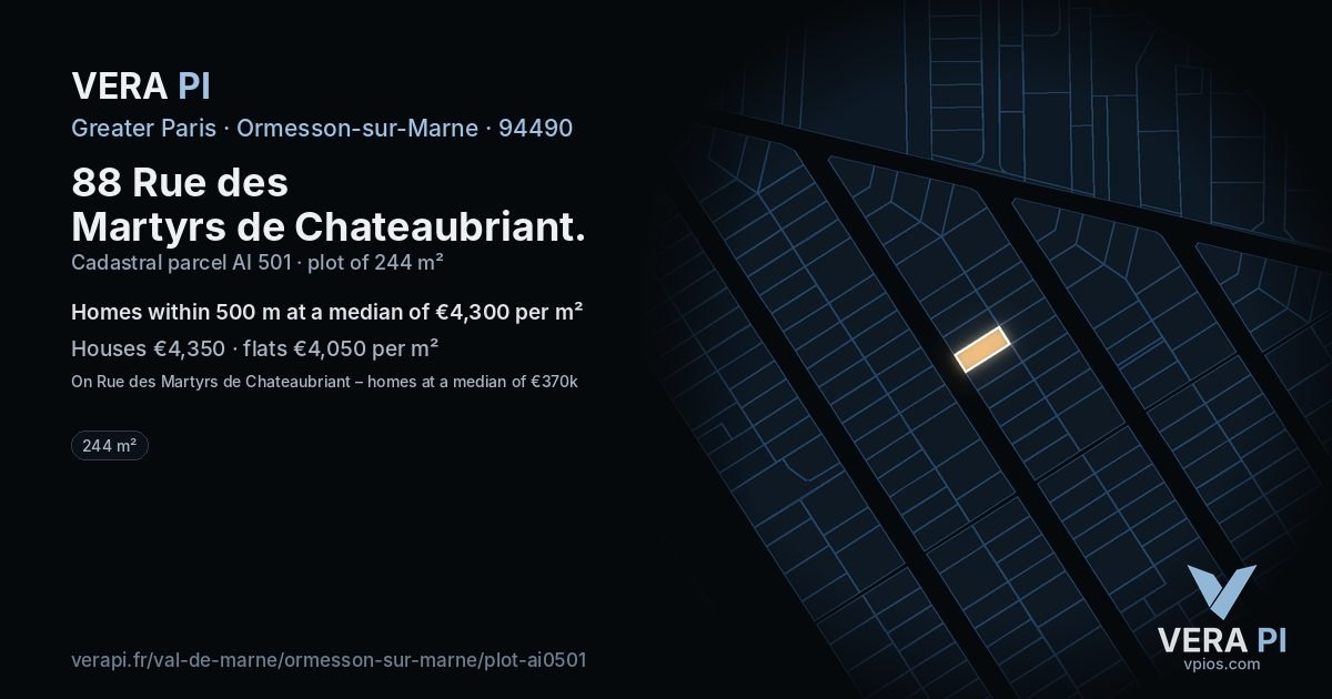 88 Rue des Martyrs de Chateaubriant, Ormesson-sur-Marne at night – the plot lit, the parcels around coloured by the prices near them