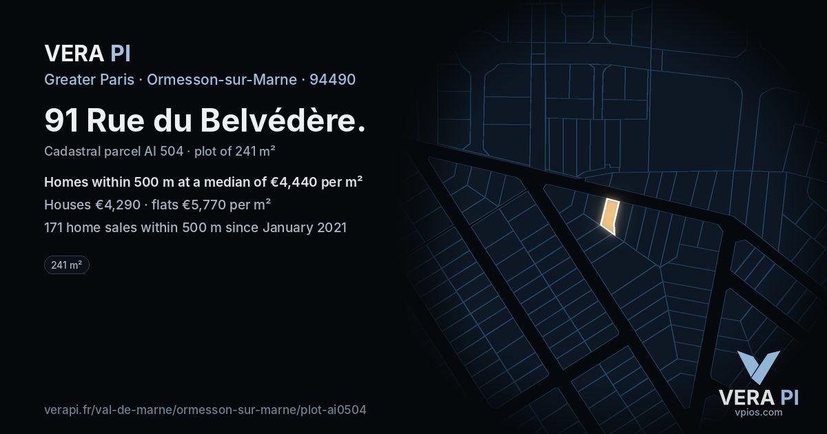 91 Rue du Belvédère, Ormesson-sur-Marne at night – the plot lit, the parcels around coloured by the prices near them