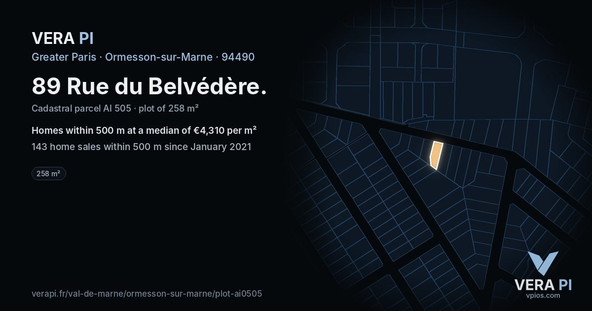 89 Rue du Belvédère, Ormesson-sur-Marne at night – the plot lit, the parcels around coloured by the prices near them
