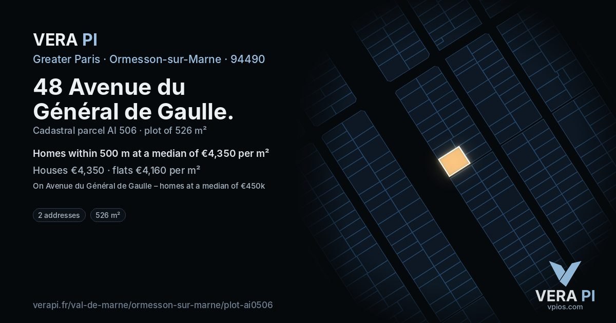 48 Avenue du Général de Gaulle, Ormesson-sur-Marne at night – the plot lit, the parcels around coloured by the prices near them