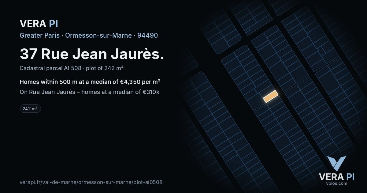 37 Rue Jean Jaurès, Ormesson-sur-Marne at night – the plot lit, the parcels around coloured by the prices near them