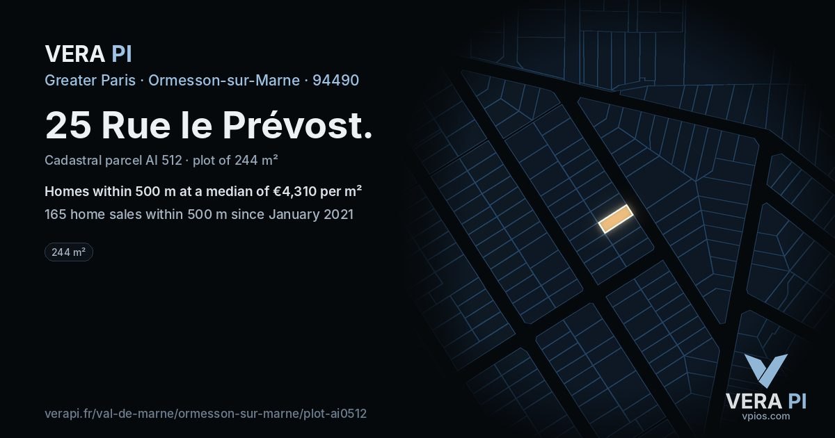 25 Rue le Prévost, Ormesson-sur-Marne at night – the plot lit, the parcels around coloured by the prices near them