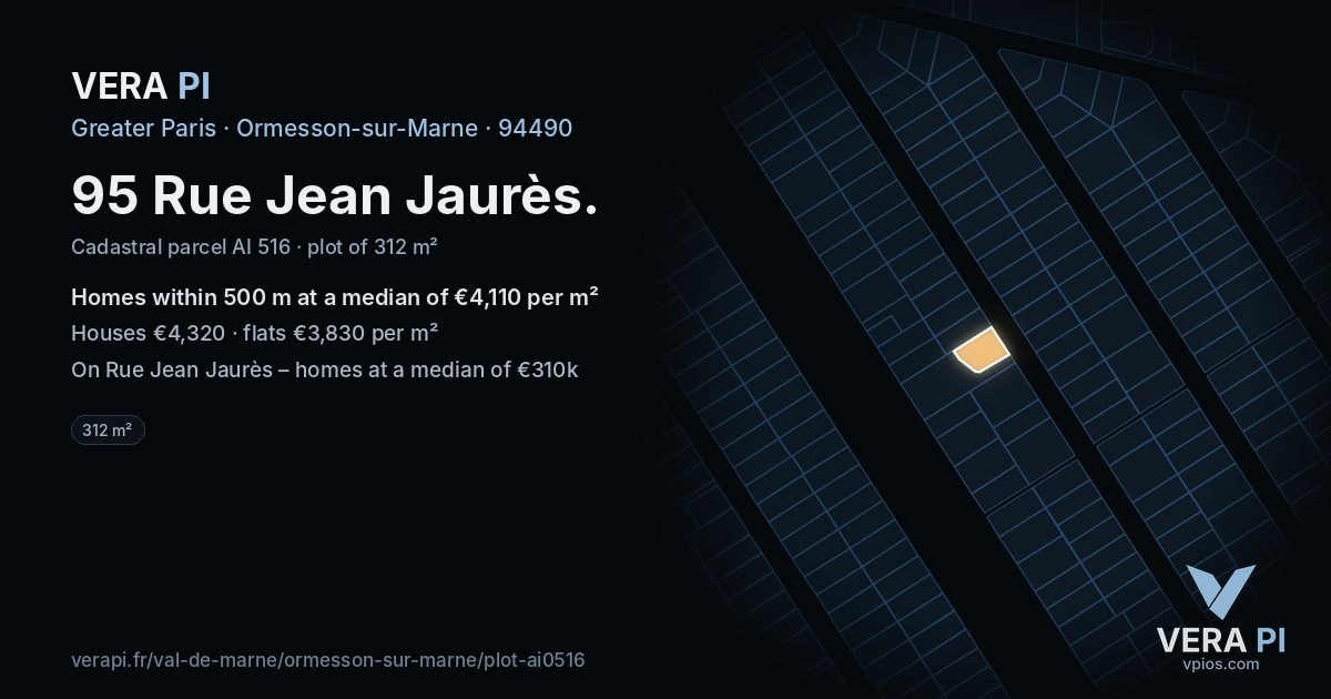 95 Rue Jean Jaurès, Ormesson-sur-Marne at night – the plot lit, the parcels around coloured by the prices near them