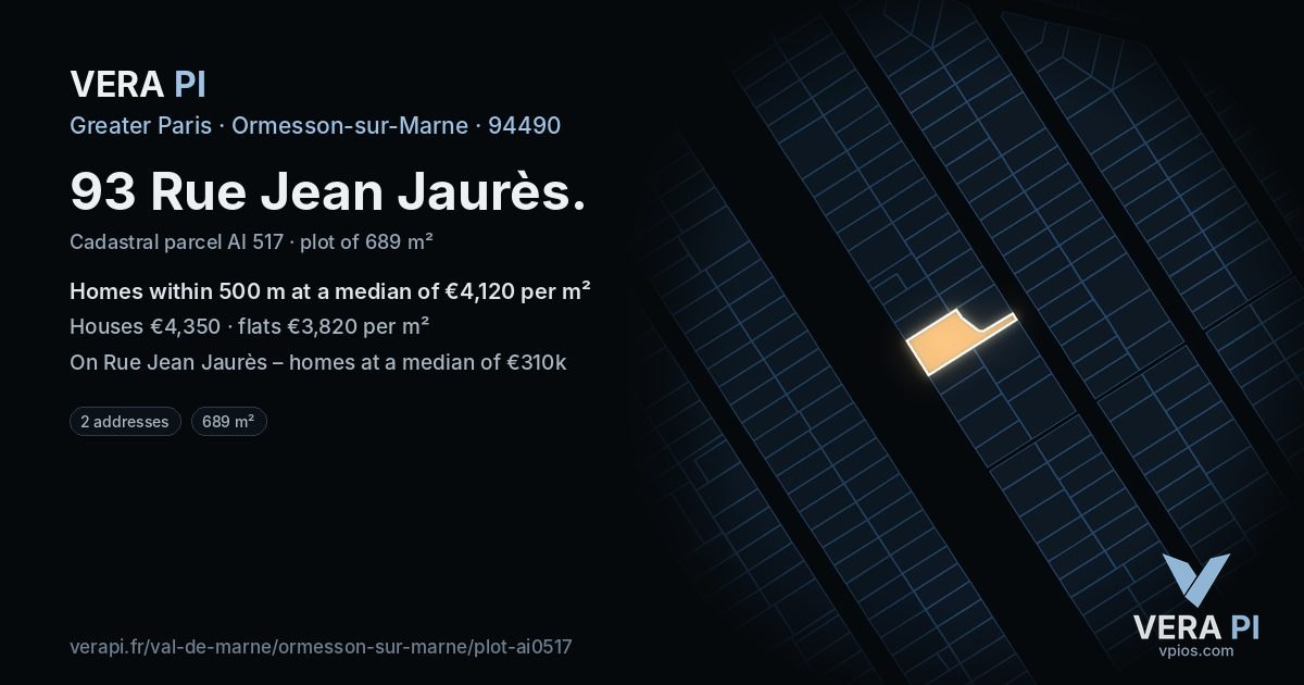 93 Rue Jean Jaurès, Ormesson-sur-Marne at night – the plot lit, the parcels around coloured by the prices near them