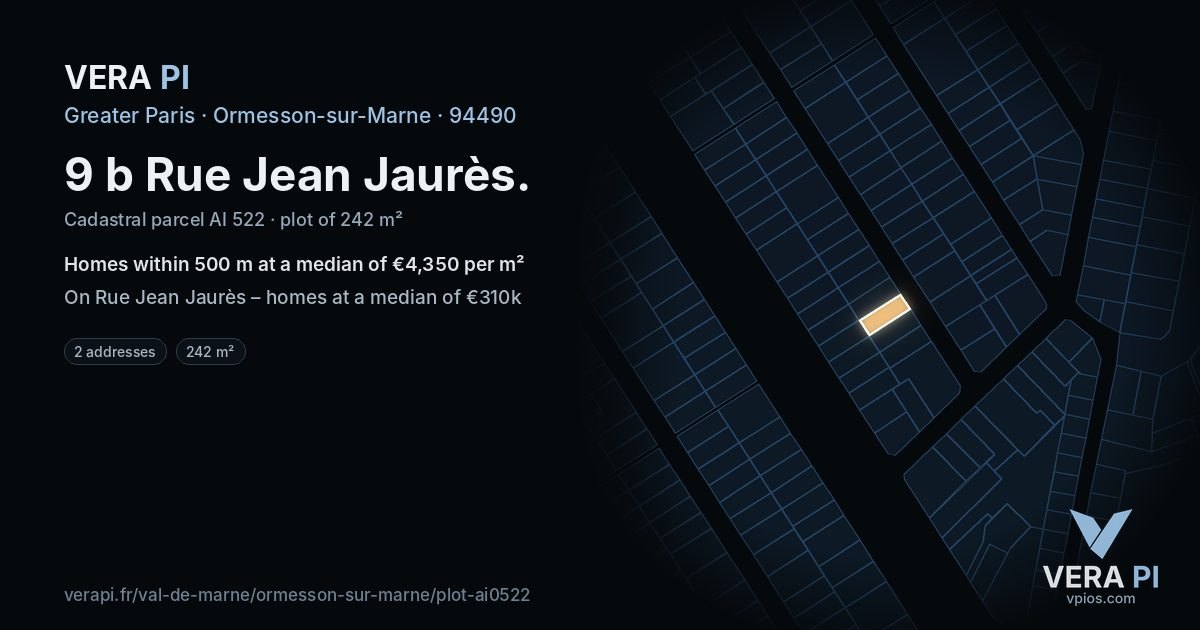 9 b Rue Jean Jaurès, Ormesson-sur-Marne at night – the plot lit, the parcels around coloured by the prices near them
