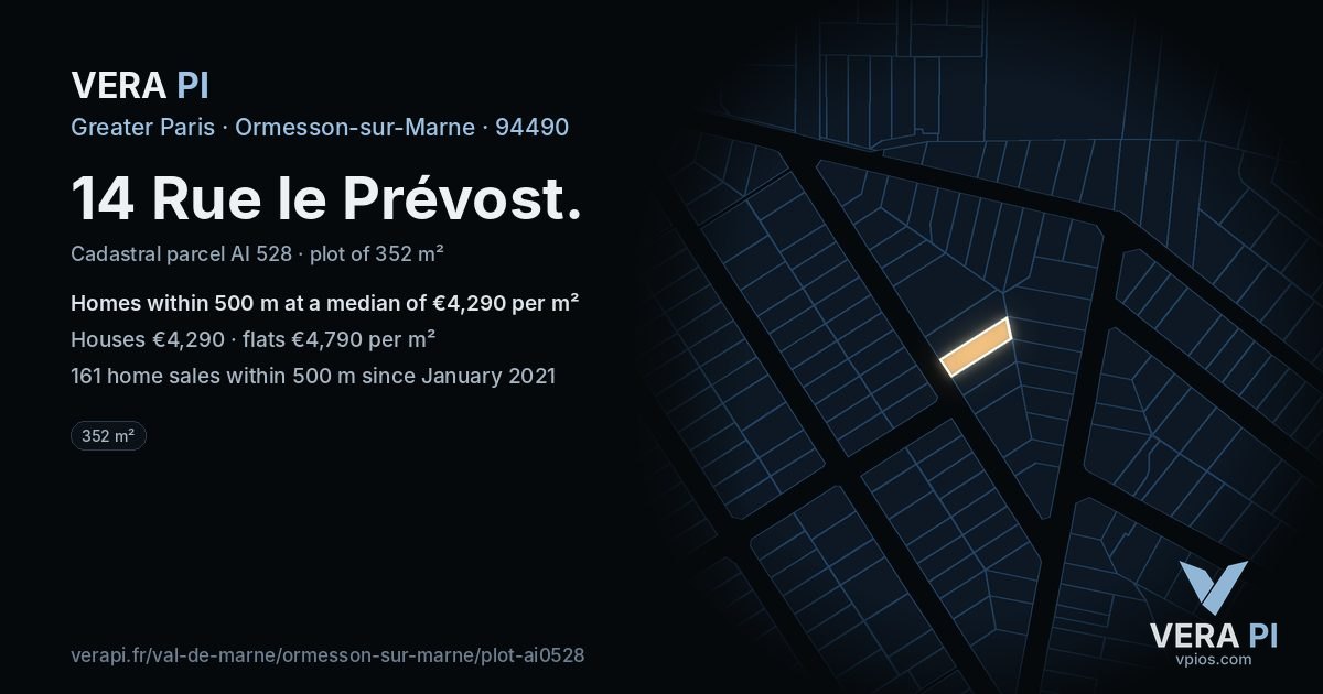 14 Rue le Prévost, Ormesson-sur-Marne at night – the plot lit, the parcels around coloured by the prices near them