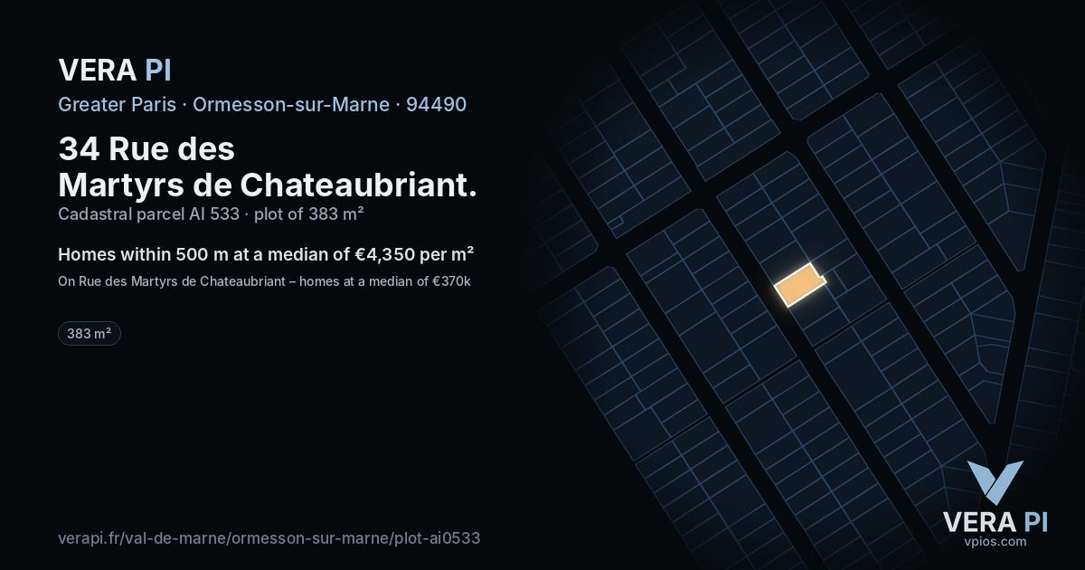 34 Rue des Martyrs de Chateaubriant, Ormesson-sur-Marne at night – the plot lit, the parcels around coloured by the prices near them