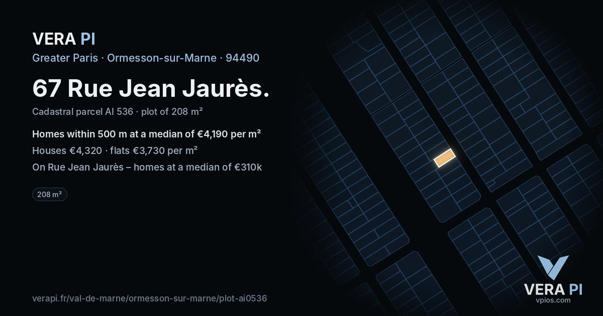 67 Rue Jean Jaurès, Ormesson-sur-Marne at night – the plot lit, the parcels around coloured by the prices near them