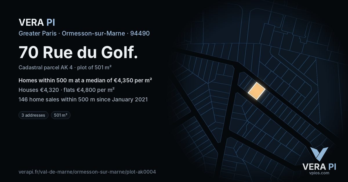 70 Rue du Golf, Ormesson-sur-Marne at night – the plot lit, the parcels around coloured by the prices near them