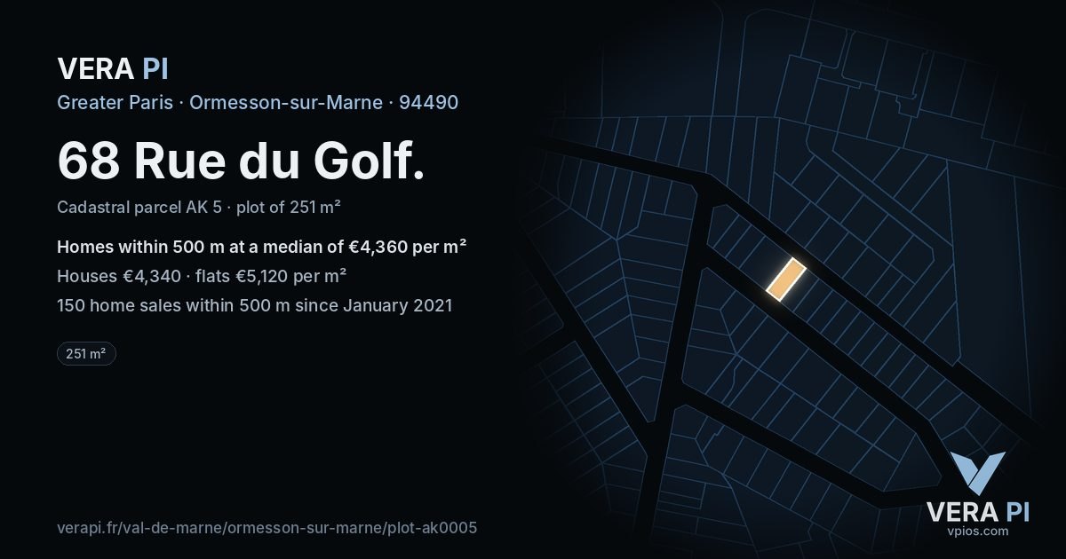 68 Rue du Golf, Ormesson-sur-Marne at night – the plot lit, the parcels around coloured by the prices near them