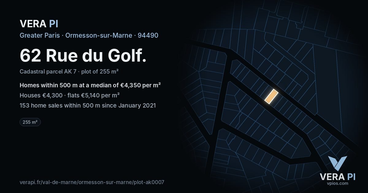 62 Rue du Golf, Ormesson-sur-Marne at night – the plot lit, the parcels around coloured by the prices near them