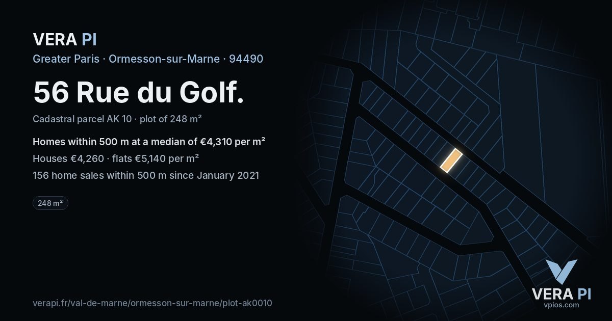 56 Rue du Golf, Ormesson-sur-Marne at night – the plot lit, the parcels around coloured by the prices near them