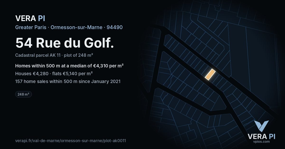 54 Rue du Golf, Ormesson-sur-Marne at night – the plot lit, the parcels around coloured by the prices near them