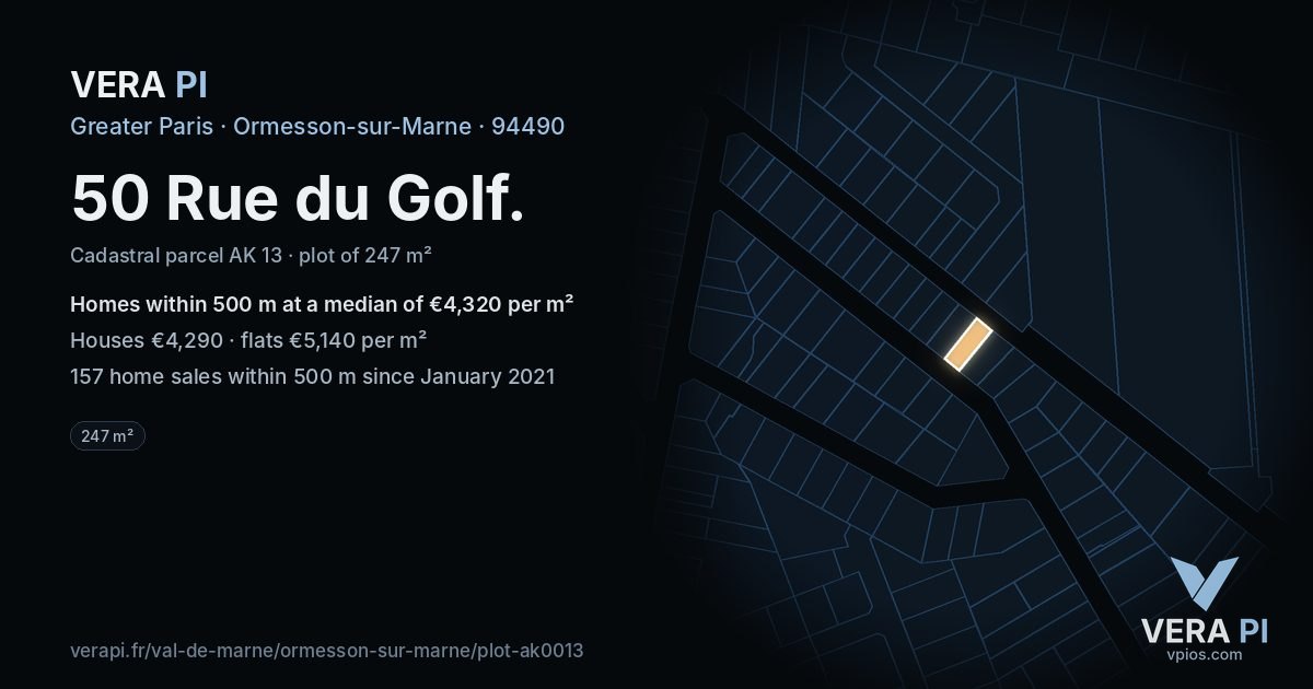 50 Rue du Golf, Ormesson-sur-Marne at night – the plot lit, the parcels around coloured by the prices near them