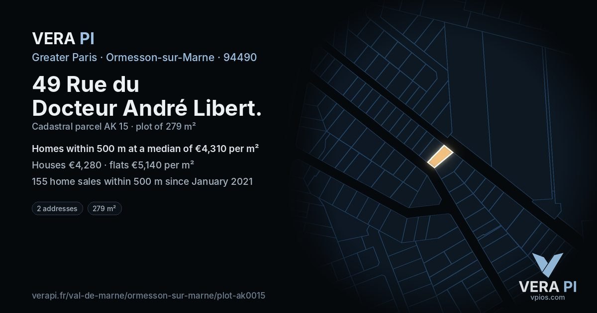 49 Rue du Docteur André Libert, Ormesson-sur-Marne at night – the plot lit, the parcels around coloured by the prices near them