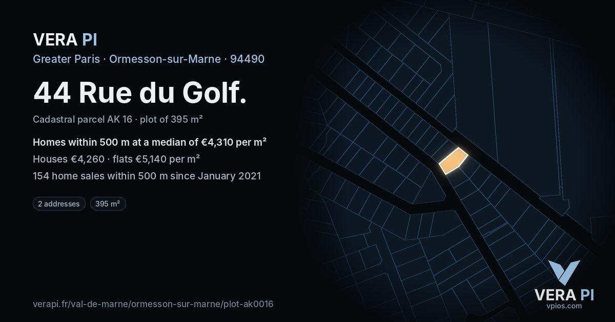 44 Rue du Golf, Ormesson-sur-Marne at night – the plot lit, the parcels around coloured by the prices near them
