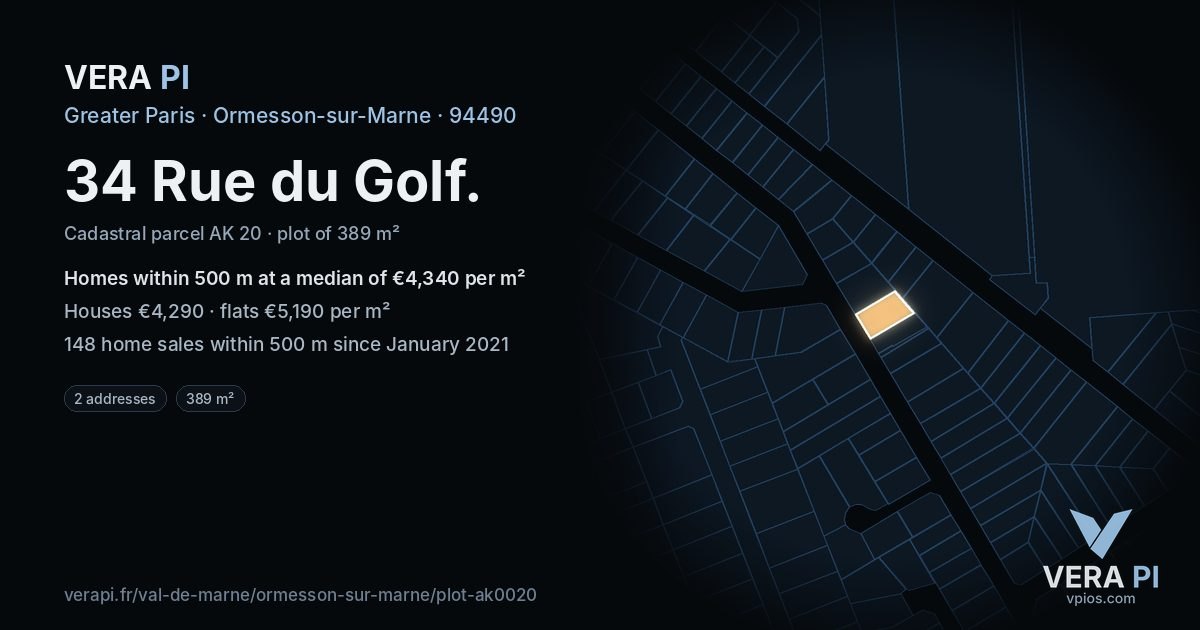 34 Rue du Golf, Ormesson-sur-Marne at night – the plot lit, the parcels around coloured by the prices near them
