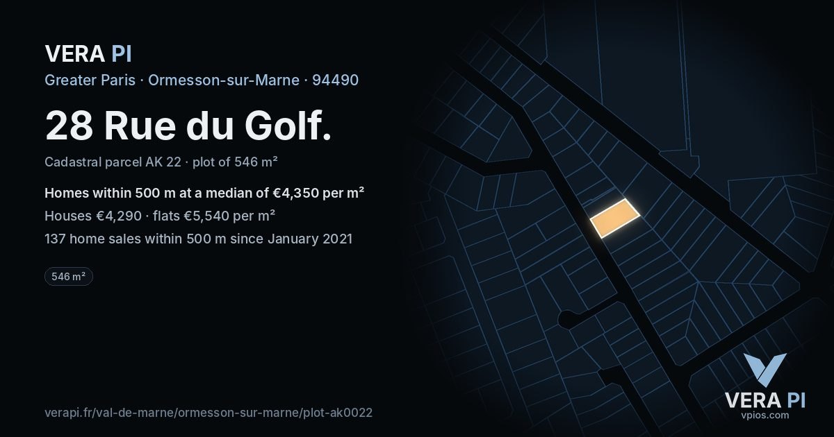 28 Rue du Golf, Ormesson-sur-Marne at night – the plot lit, the parcels around coloured by the prices near them