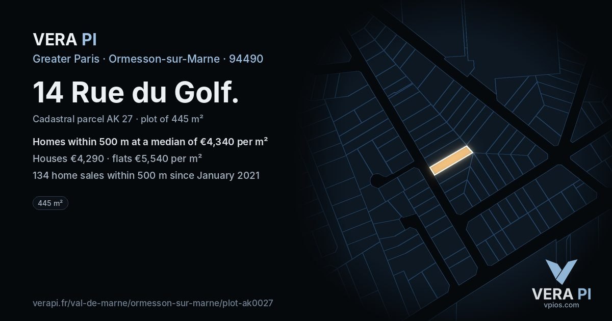 14 Rue du Golf, Ormesson-sur-Marne at night – the plot lit, the parcels around coloured by the prices near them