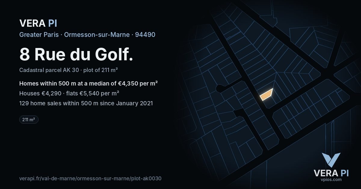 8 Rue du Golf, Ormesson-sur-Marne at night – the plot lit, the parcels around coloured by the prices near them