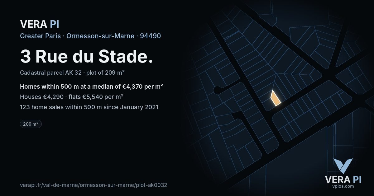 3 Rue du Stade, Ormesson-sur-Marne at night – the plot lit, the parcels around coloured by the prices near them