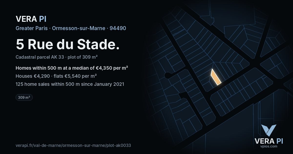 5 Rue du Stade, Ormesson-sur-Marne at night – the plot lit, the parcels around coloured by the prices near them