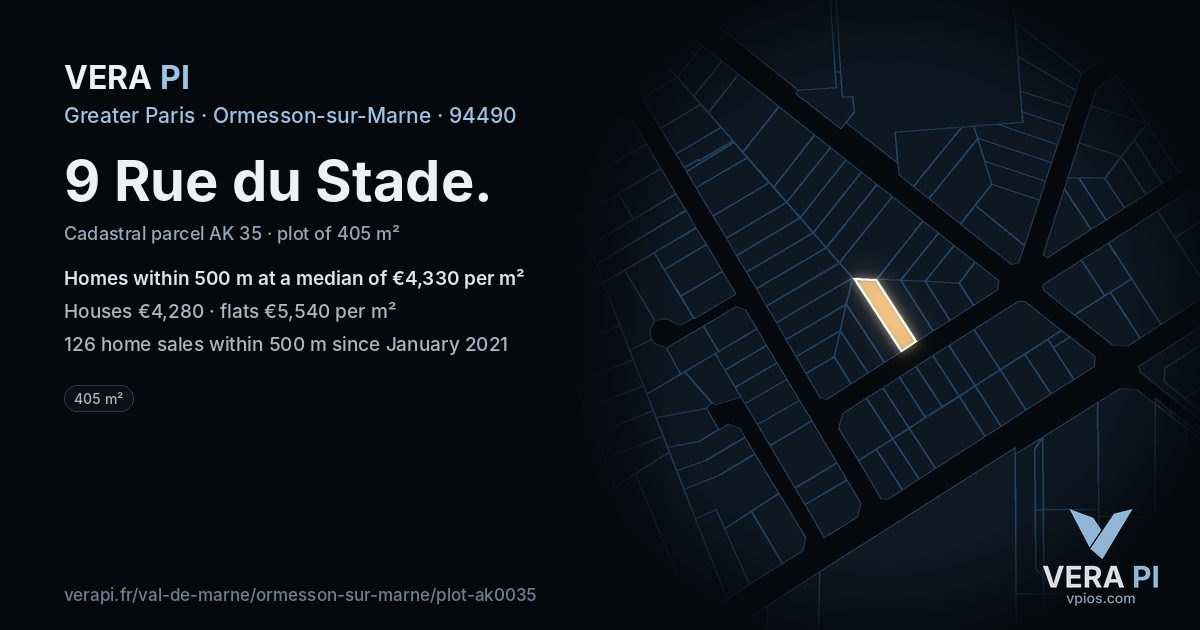 9 Rue du Stade, Ormesson-sur-Marne at night – the plot lit, the parcels around coloured by the prices near them